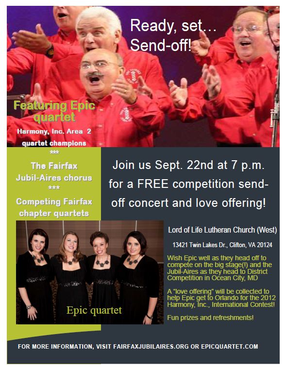 Epic quartet, Fairfax Jubil-Aires, barbershop, quartet, chorus, competition, send-off