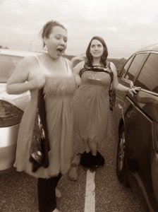 Another partner in crime comes along. She adds the special "pants around the ankles" touch.